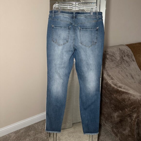 INC Skinny Leg Regular Fit Jeans Size 12 Plaid Patch Frayed Hem Holes Pockets - Picture 2 of 9